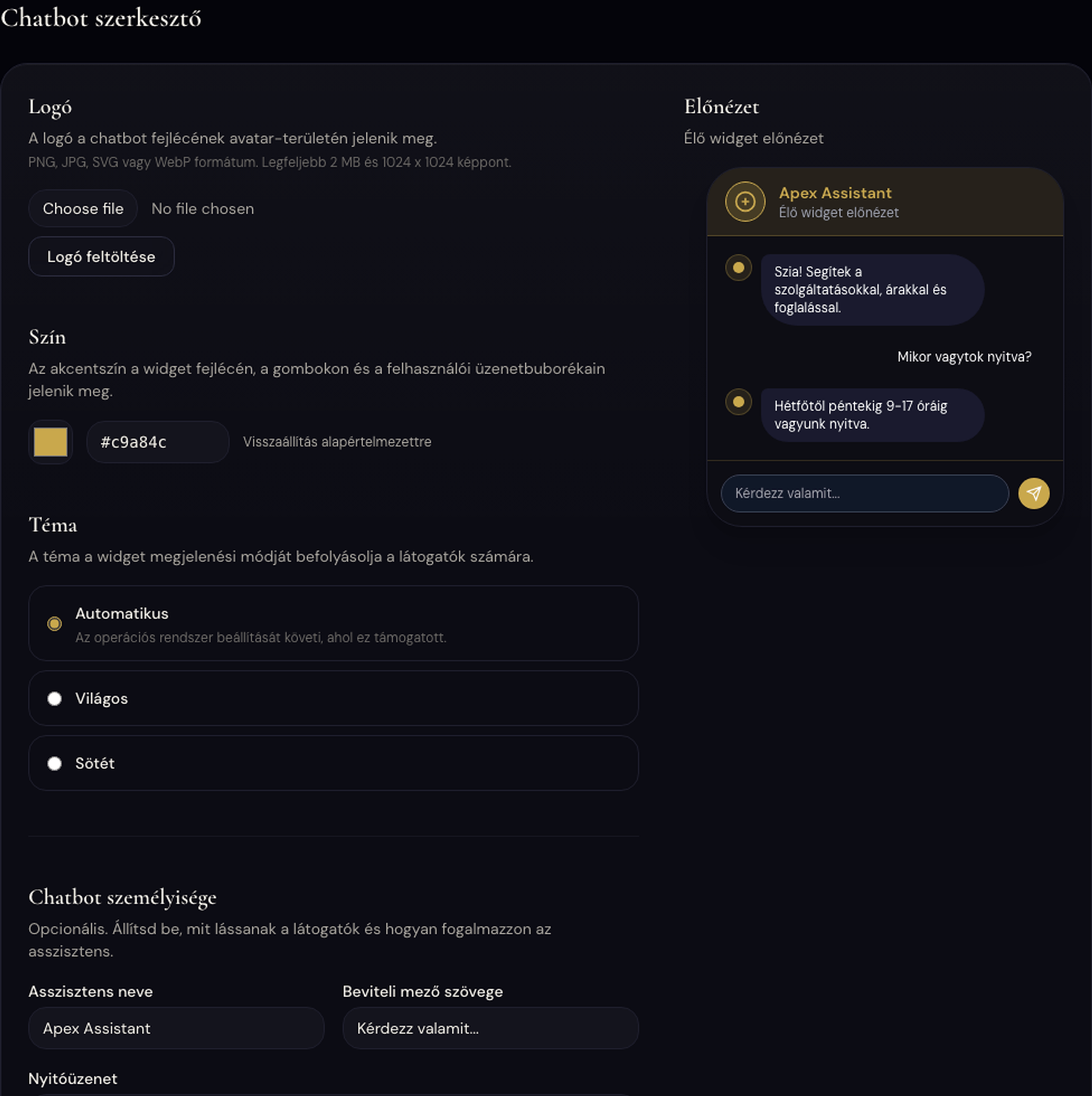 Az Apex chatbot szerkesztője élő előnézettel