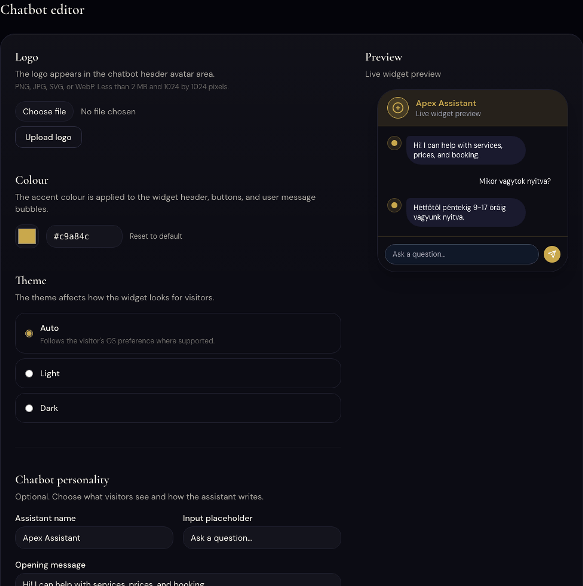 The Apex chatbot editor with a live widget preview